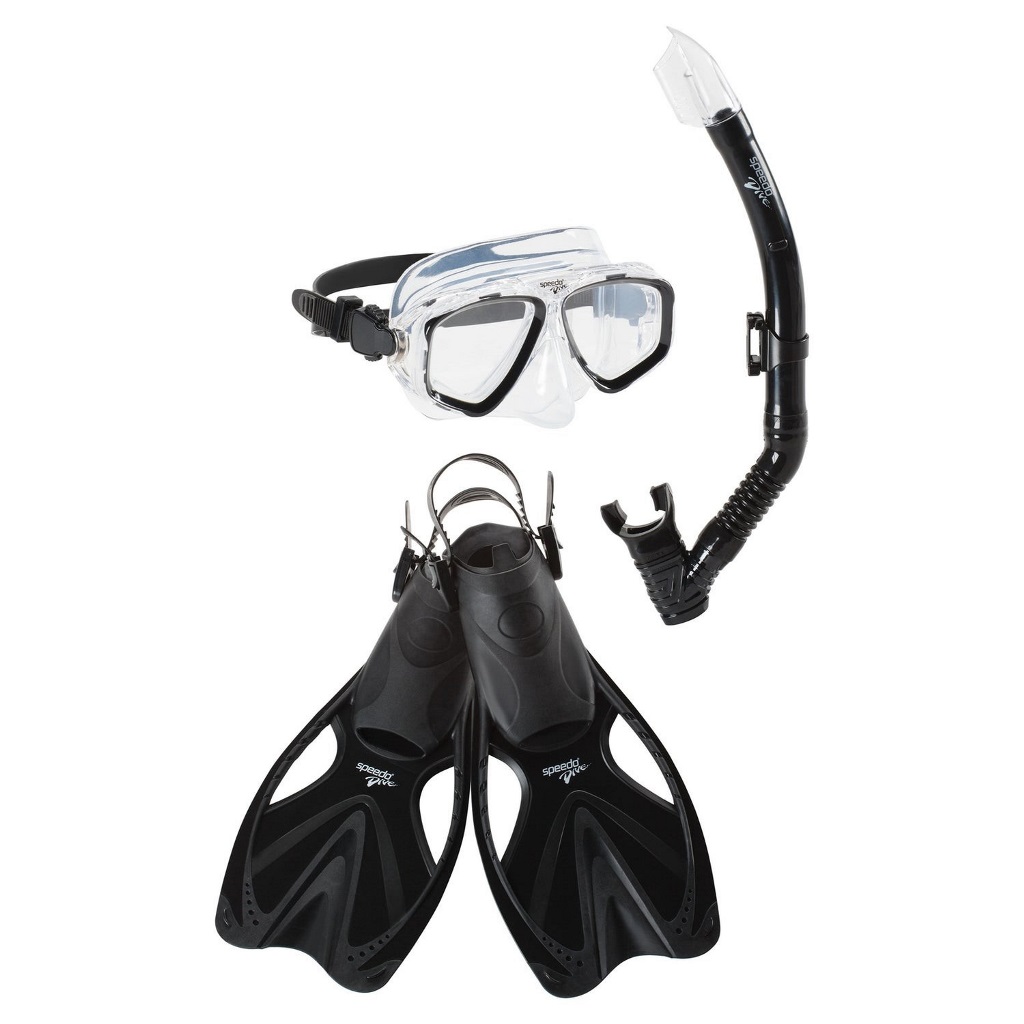 Enjoy unobstructed views of everything underneath when wearing this three-piece snorkel set. Including a fog-resistant mask with a leak-proof fit, a splash-resistant snorkel top and customized fins, this trio is made for the open sea.|https://us.speedo.com/adult-adventure-mask-snorkel-fin-set/13236424.html|0|cal1