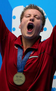 True Sweetser celebrates his victory in the 1500m free at the 2017 National Championships.