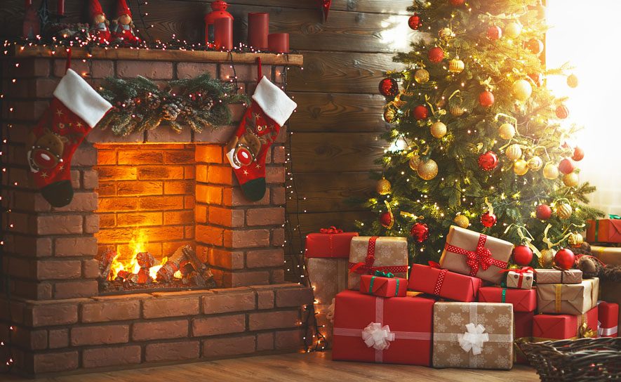 Christmas tree with gifts and fireplace